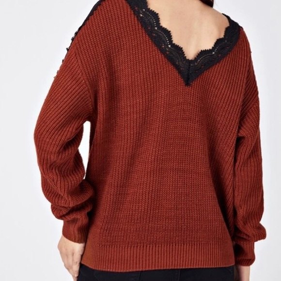 SHEIN Copper Knit Off-the-Shoulder Lace V-Neck Sweater - Picture 3 of 6